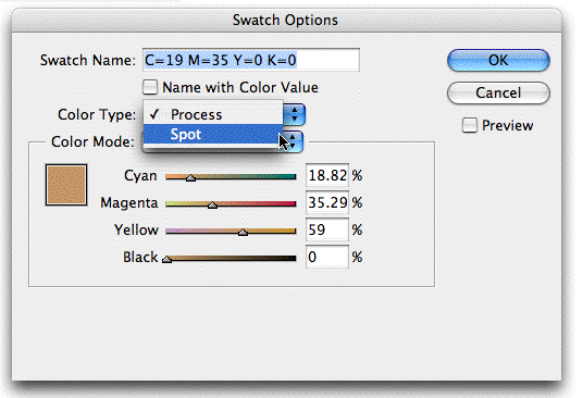 Change color mode to spot Change color mode to spot