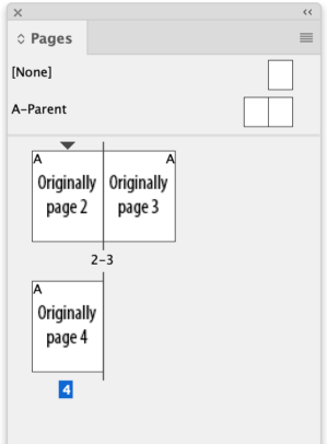 Pages panel with a spread, pages 2-3 "originally page 2/originally page 3."