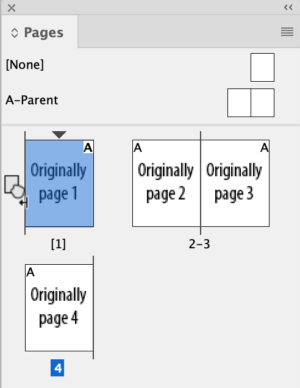 Pages panel with page 1 selected, moved from recto to verso.