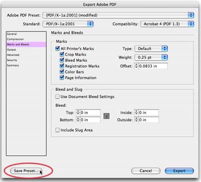 Saving a PDF Preset