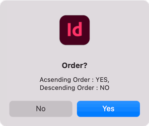 InDesign script dialog box asking if print presets should be sorted in ascending or descending order