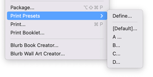 InDesign print presets sorted in alphabetical order