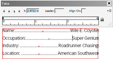 Figure 3: Shows Tabs ruler panel above two columns of text now separated by a dot leader.