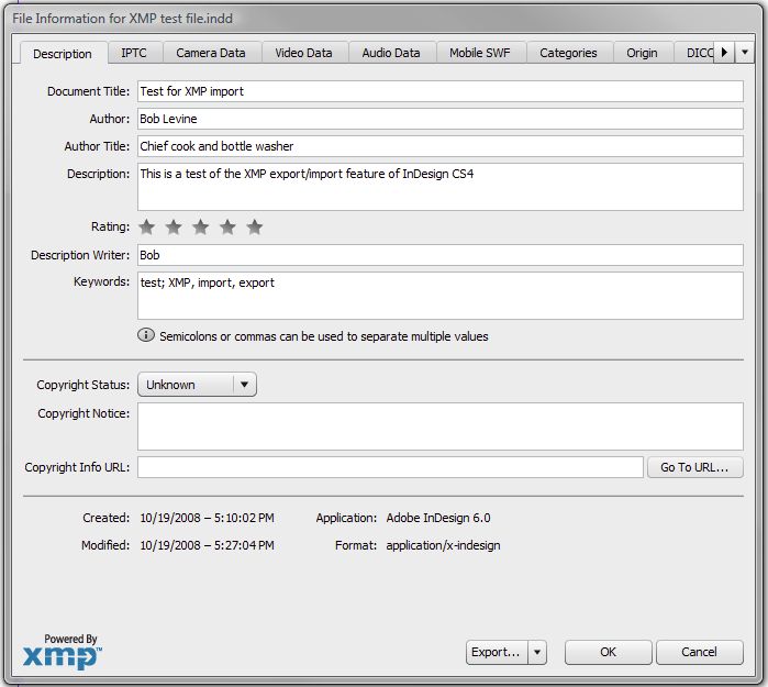 Use the Document Information window to save metadata for the document