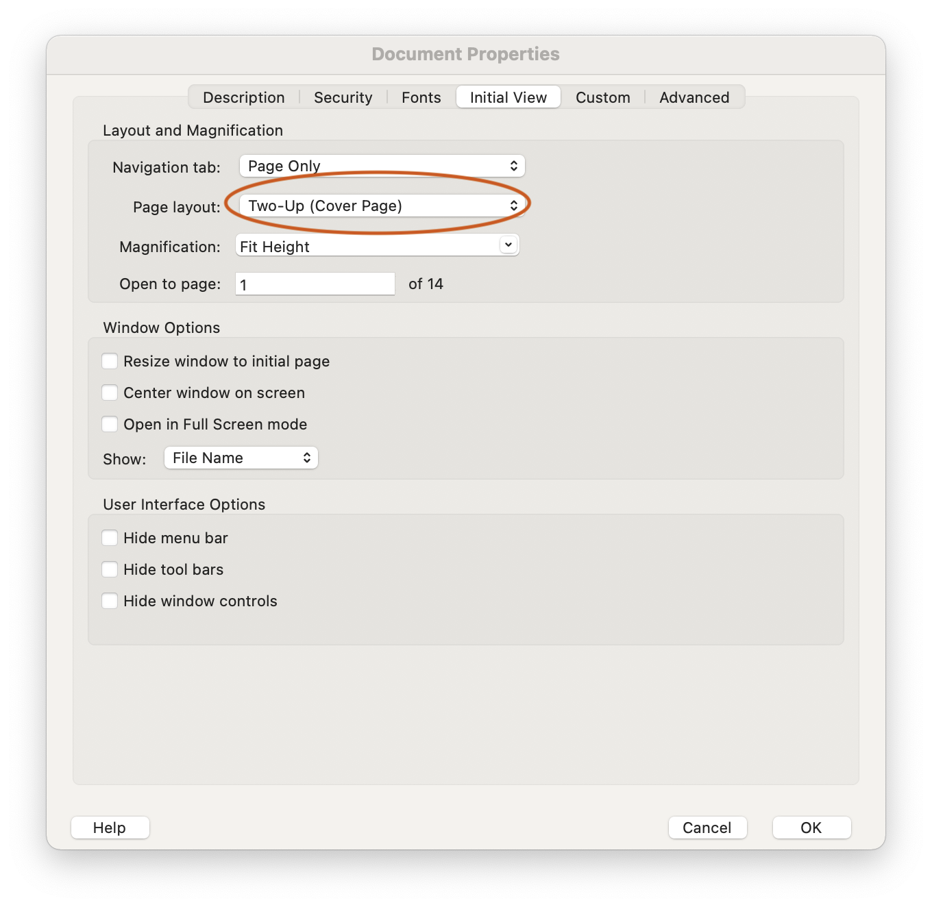 pdfbook2 Acrobat Document Properties dialog, showing Page Layout as Two Up (Cover Page)