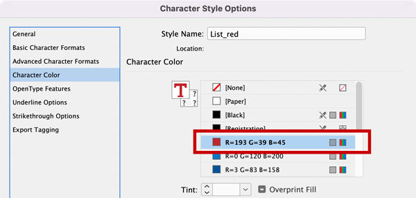 Character Style Options dialog box in Adobe InDesign with Character Color highlighted