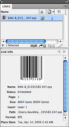 barcodes2 InDesign Links panel with EPS file selected