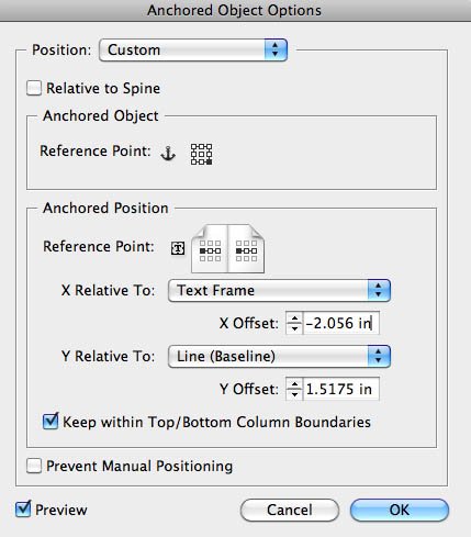 Custom Anchored Object Options