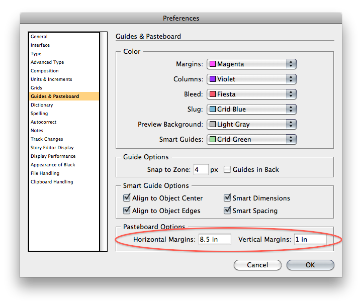 InDesign Preferences menu Guides & Pasteboard