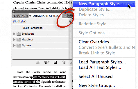 paragraph styles panel, with panel menu pop-up visible and New Paragraph Style selected.