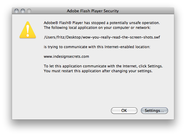 Adobe Flash Player Security warning that is displayed when you test a SWF file exported to your local disc from InDesign. When you click on a hyperlink you will receive this warning.
