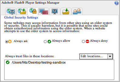 Adobe Flash Player settings manager lets you choose a trusted location on your hard drive for testing SWF files exported from InDesign