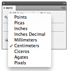 InDesign info panel crosshairs units of measurement menu