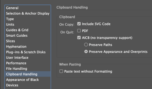 Illustrator Clipboard Handling pane with "ACIB (no transparency support)" checked and "Preserve Appearance and Overprints" selected