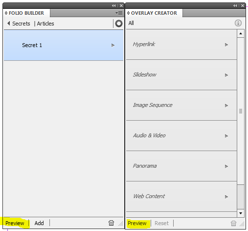 Folio Builder and Overlay Creator Panels