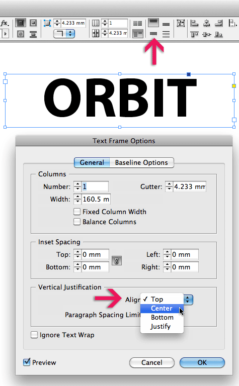 Text Frame Options dialog, with Vertical Justification, Alignment set to Center