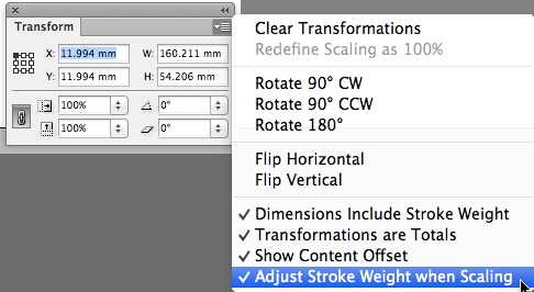Transform panel with panel menu with "adjust stroke when scaling" selected