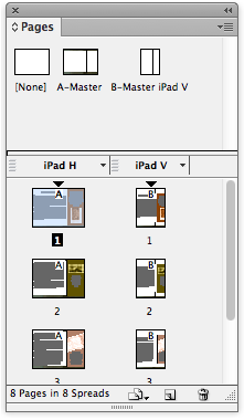 CS6 Pages panel with 'By Alternate Layout' page view on, showing iPad V and iPad H layouts.