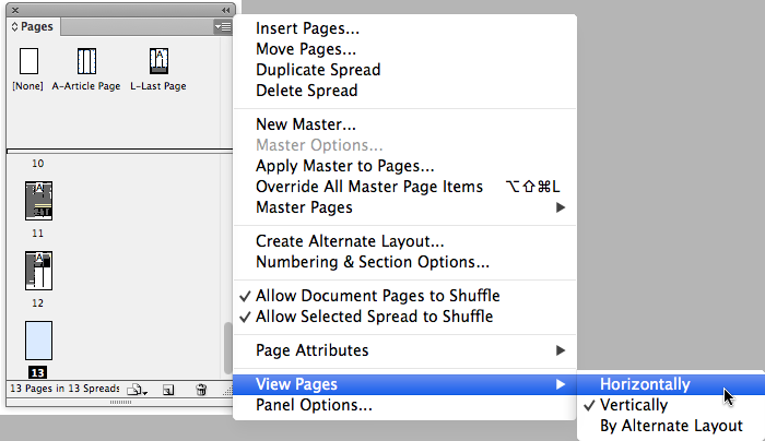 Pages panel menu opened up with View Pages command accessed and diplaying 3 view options (Horizontally, Vertically, By Alternate Layout)