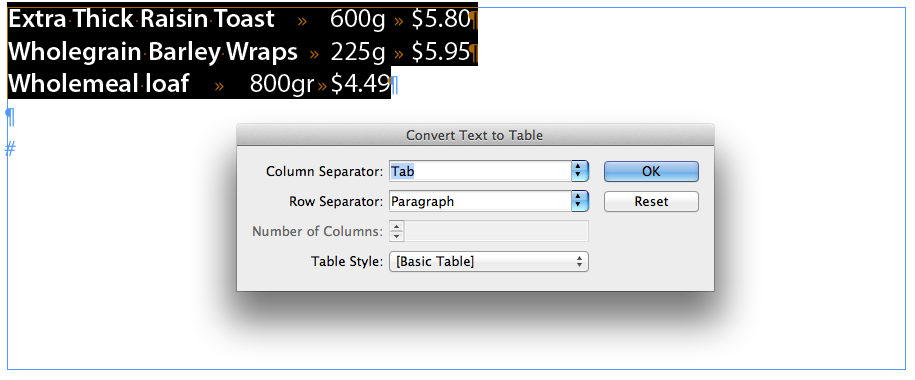 Convert Text to Table dialog with Column Separator set to Tab and Row Separator set to Tab.