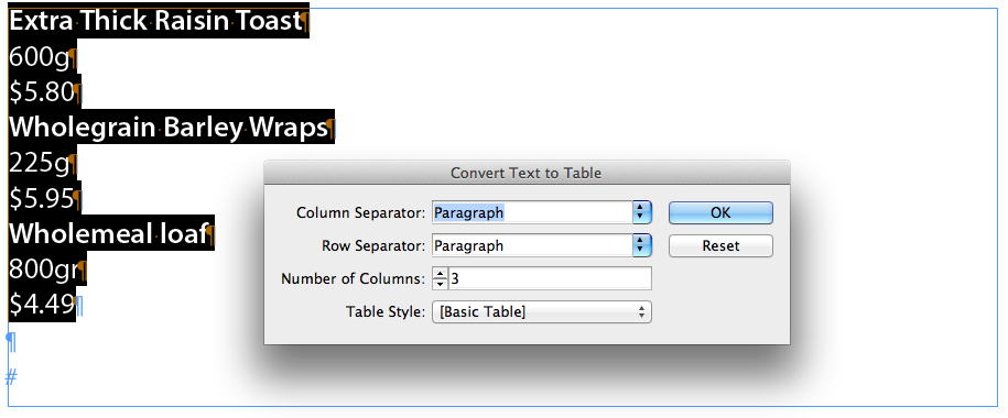 Convert Text to Table dialog box with Column and Row Separator set to Paragraph and Number of Columns set to 3