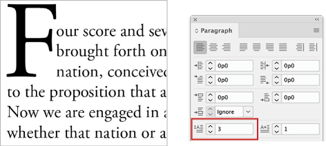 Sample text with three-line drop cap, with size of drop cap increased approximately two line spaces above the ascenders of the first line of the text. Screenshot of Paragraph menu highlights 3-line drop cap specified.