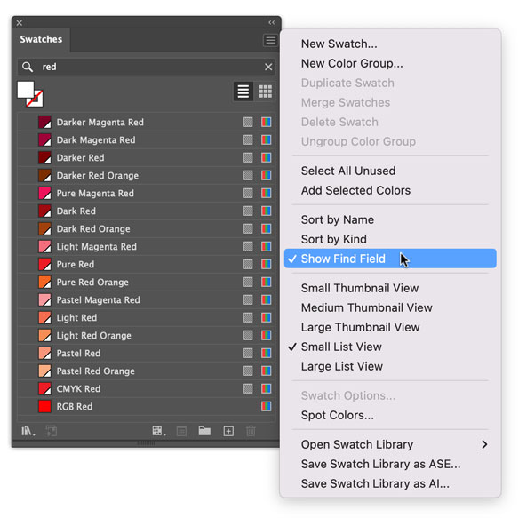 screenshot of Adobe Illustrator Swatches panel showing the ability to search for swatches by name