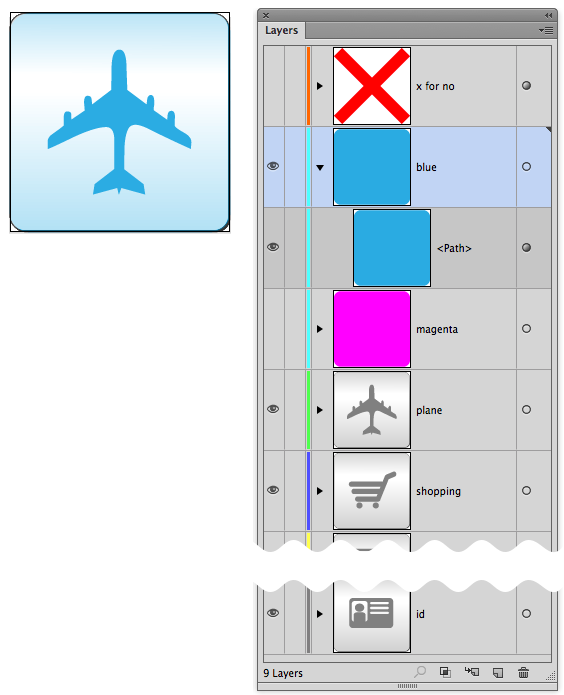 The icons set on their own layers in Adobe Illustrator.