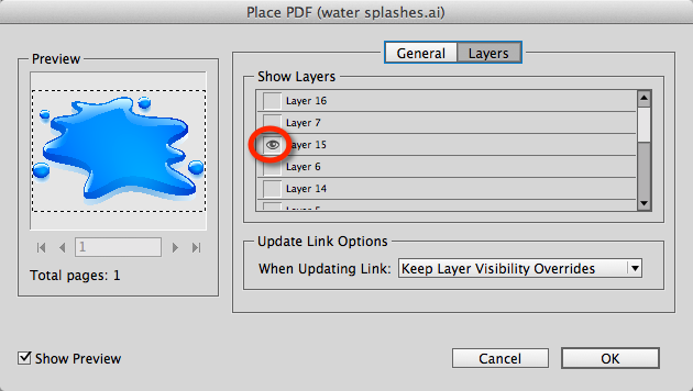 An example of how you can set the visible layers when placing a file.