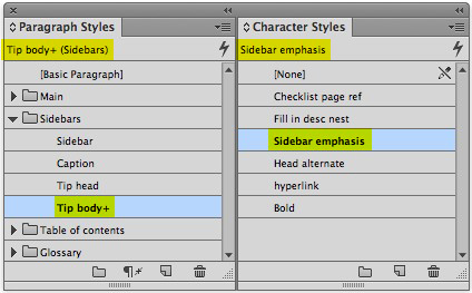 The paragraph and character styles applied to the selected text appear at the top of their respective panels.