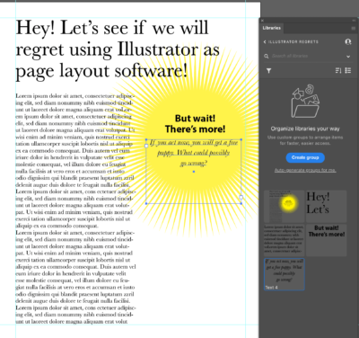 Screen shot of document in Illustrator with headline "Hey! Let's see if we will regret using Illustrator as page layout software!" with text block selected.
