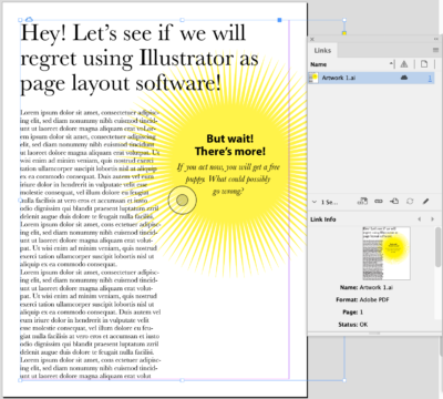Layout with headline "Hey! Let's see if we will regret using Illustrator as page layout software!"