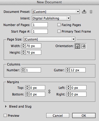 Fill in the New Document dialog box as shown. Note that the Page Size is a tiny 70 px by 70 px.