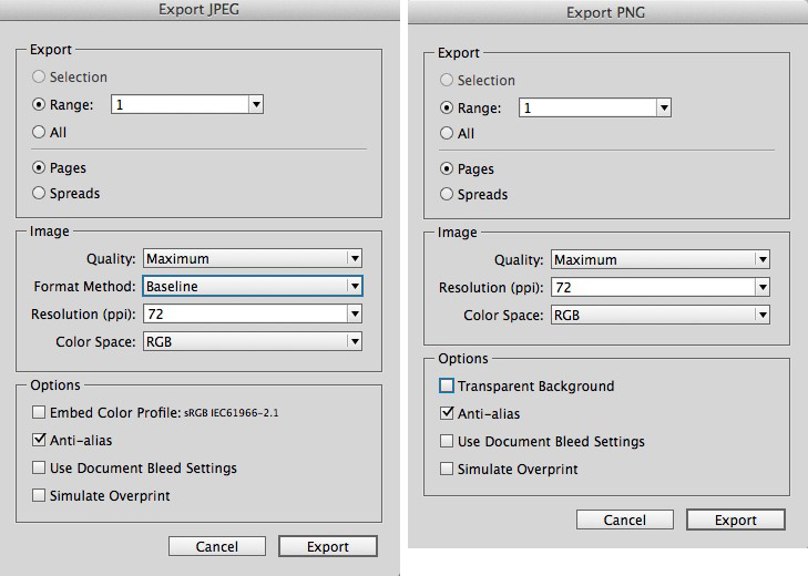 This is how you should fill the Export dialog boxes for JPEG export (left) or PNG export (right).