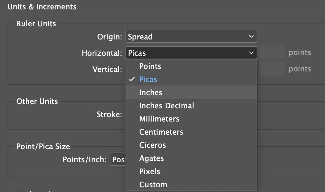 Screen shot of preference to change units of measurement