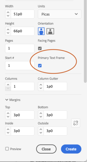 New Document dialog showing Primary Text Frame checked