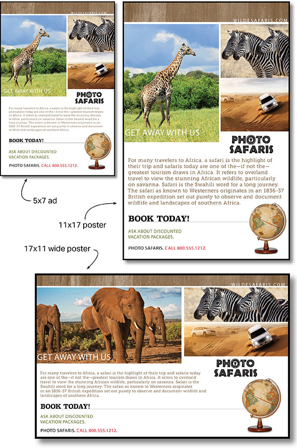 The same information on a small ad, tall poster, and wide poster. Note how sometimes a different photo works better in a new layout.