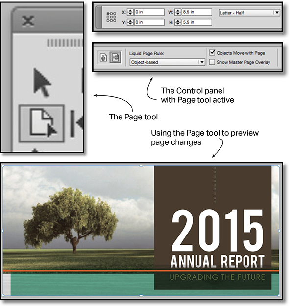 The Page tool, the Control panel, and using the Page tool to preview page changes.