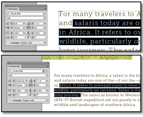 Type in the original layout (top) and after using the Scale rule.