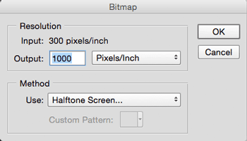 halftone3.png Convert to bitmap in photoshop shows output reset to 1000 pixels per inch using Halftone Screen method