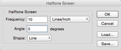 halftone4.png Halftone Screen dialog box shows frequency at 10 lines per inch, angle at 0 degrees, and shape set to Line