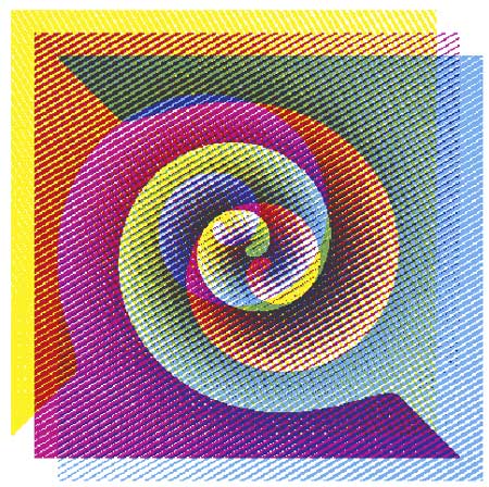 halftone9.jpg multiple versions of spiral halftone colored cyan, magenta, yellow and superimposed out of alignment