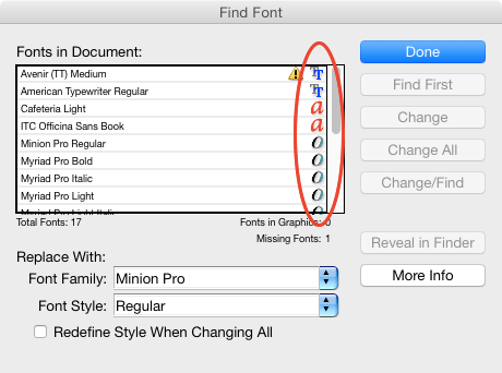 InDesign CS6 Find Font dialog box