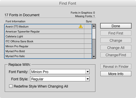 InDesign CC 2015 Find Font dialog box