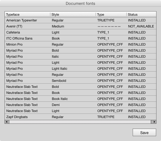 Peter Kahrel's Find Fonts script dialog box