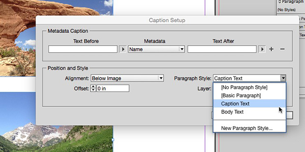 When using automated captions, set the offset value to "0" and indicate which paragraph style to use.