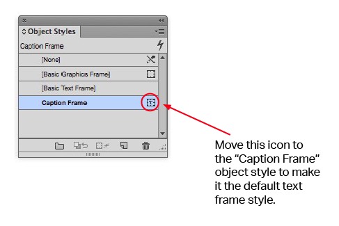 To make "Caption Frame" the default text frame style, drag the little "T" icon next to its name.