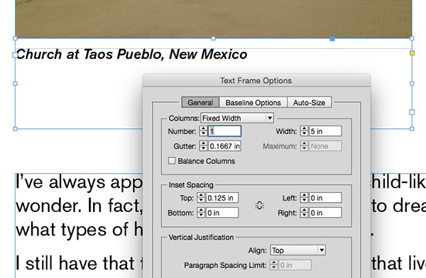 Set the width of the frame, if needed, and inset the text slightly to keep it apart from the image it will butt up against.
