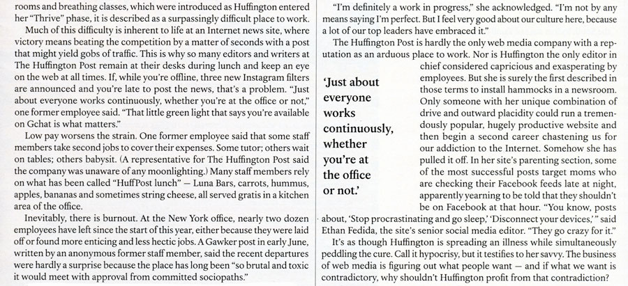 This conservative pull quote treatment is set in the same typeface as the text, and is tucked into the text column while maintaining the flush left alignment. The New York Times Magazine.