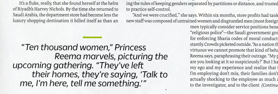 This randomly aligned pull quote set a contrasting font, a green graphic element and generous white space make this pull quote really pop. Fast Company magazine.